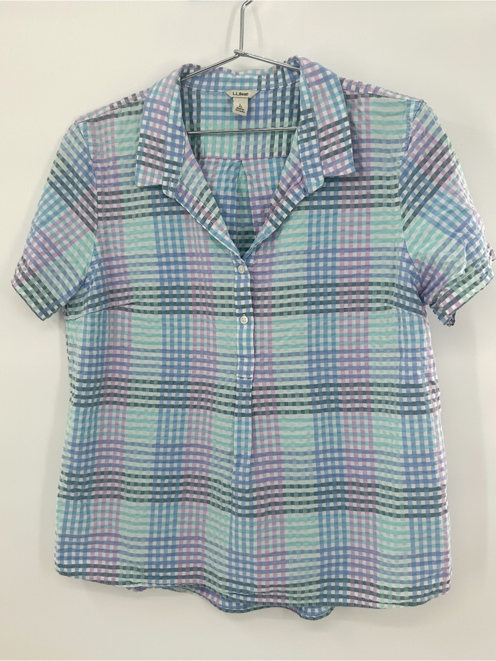 L.L. Bean Fresh Mint Seersucker Pullover Buttoned Short Sleeve Top Large